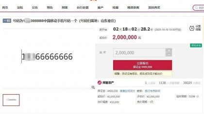 尾号66666666手机号200万元开拍,已有1人报名参加竞拍,超3万人次围观