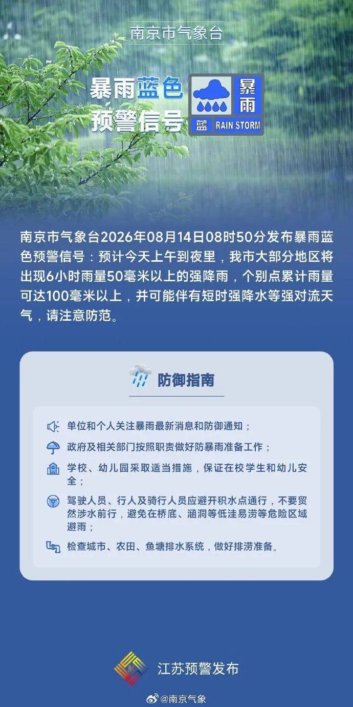南京刚刚发布:暴雨预警!今天上午到夜里,大部分地区将出现6小时雨量50毫米以上的强降雨,个别点累计雨量可达100毫米以上,注意防范